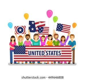 USA, United States. Happy crowd of people with placards at the city festival. Vector illustration