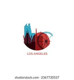  USA United States Los Angeles cityscape skyline city panorama vector flat modern logo icon. US California American county emblem idea with landmarks and building silhouette