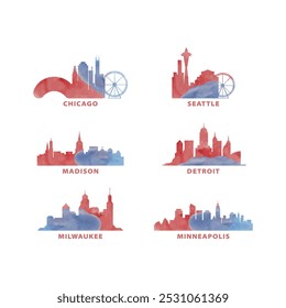 USA, USA, Vektorlogo, Symbolsatz. Wisconsin, Minnesota, Illinois, Michigan, Washington State Chicago, Seattle, Madison, Detroit, Milwaukee, Minneapolis City Skyline Graphic Collection 