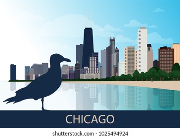 USA Urban Chicago city background with silhouette of sitting bird seagull, skyscrapers, lake Michigan and blue sky. Panorama, view, cityscape. Vector EPS10