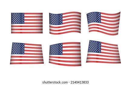 USA US Flag American Flags United States of America National Symbol Banner Icon Vector Set Waving Stickers Wavy Wave Flags Country State Day Emblem Realistic Flag Independence 3D Stars and Stripes