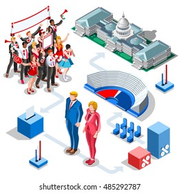 Usa Us President Election infographic Democrat Republican fan supporter group crowd. Presidential debate convention. Trump opponent rally. Vector Flat auditorium audience congress tribune endorsement