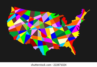 USA vector abstract map with different color, isolated on black background. 