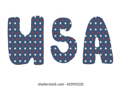 USA. Vector American Independence Day hand drawn blue lettering with stars and stripes pattern, isolated over white background.