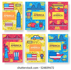 USA vector brochure cards thin line set. Country travel template of flyear, magazines, posters, book cover, banners. Layout culture monument outline illustrations modern pages