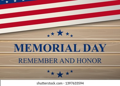 USA vector flag with caption for Memorial Day celebration, on wooden background