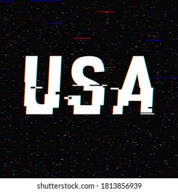 USA Vector Glitch Text. Patriotic Background With Anaglyph 3D Effect. Creative Illustration, Web Template For American Posters, Flyers. Technological Retro Layout. Computer Program, TV Channel Screen