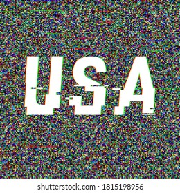 USA vector glitch text. Patriotic background with anaglyph 3D effect. Creative illustration, web template for american posters, flyers. Technological retro layout. Computer program, TV channel screen