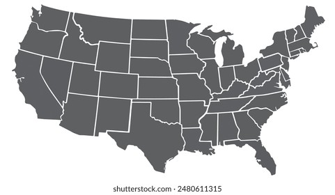 USA vector gray map isolated on white background. Editable and detailed map of the United States with outlined administrative divisions. Vector illustration.