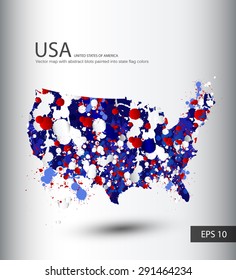 USA vector map with abstract blots colored into state flag color. Vector illustration.
