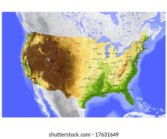 USA. Vector map of the conterminous USA, colored for elevation, with state capitals and cities greater 600,000. Surrounding territory greyed out. 36 layers, fully editable. Data source: NASA