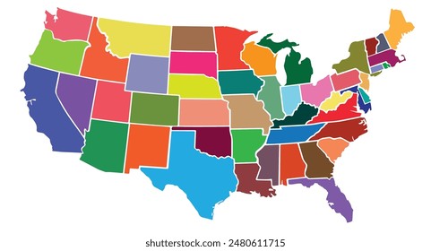 USA vector map with individual colors for each state, isolated on white background. Editable and clear map of United States. Vector illustration.