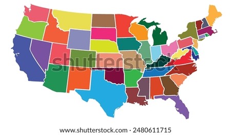 USA vector map with individual colors for each state, isolated on white background. Editable and clear map of United States. Vector illustration.