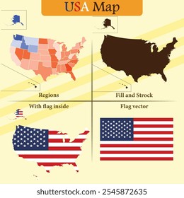 Mapa de Vector de EE.UU. con regiones superposición de bandera de silueta negra y bandera independiente ideal para infografías de materiales educativos y proyectos de diseño que muestran la geografía e identidad de Azerbaiyán