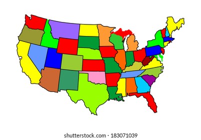 USA vector map with separated countries with different color, isolated on white background. 