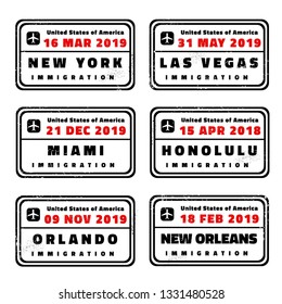 USA vector passport stamps collection: New York, Las Vegas, Miami, Honolulu, Orlando and New Orleans.