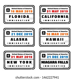 USA Vector Passport Stamps Collection: Florida, California, Alaska, Hawaii, New York And Niagara Falls.