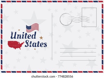 USA Vector vintage Postcard with american flag and map. Template for your design cards