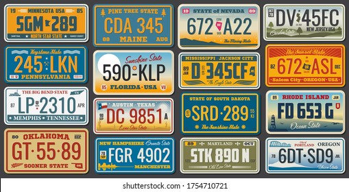 USA vehicle registration plates with state and city symbols. Vector American car number plates of Minnesota, Nevada and Maryland, Rhode Island or Memphis and Tennessee, New Jersey and Oregon