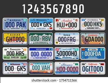 USA vehicle registration plates with state symbols. Vector American car number plates of Kansas, Minnesota or Maryland and Florida, Indiana and Tennessee plate with of Arizona and California
