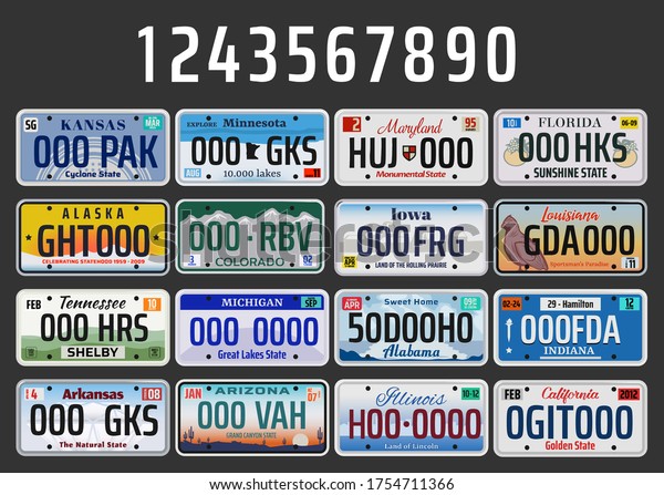 USA\
vehicle registration plates with state symbols. Vector American car\
number plates of Kansas, Minnesota or Maryland and Florida, Indiana\
and Tennessee plate with of Arizona and\
California
