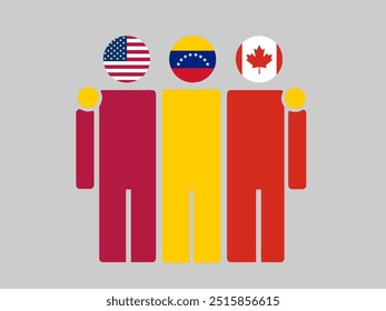 USA, Venezuela, and Canada National Flags With Embracing Body. Vector Illustration. Isolated background.