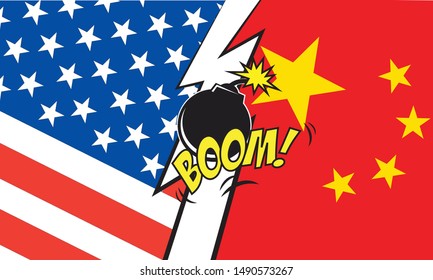 USA versus china confrontation national flags vector illustration.Financial and diplomatic crisis concept