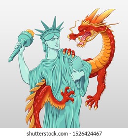 USA versus China trade war concept. Statue of Liberty and Chinese Dragon prepared for battle. National symbols show international relations. Vector illustration in comic style.