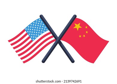 USA versus China. War America China. Two flags cross will cross. Confrontation of statewood. Vector illustration flat design. Isolated on white background.