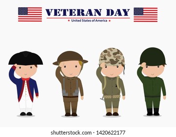 USA Veteran Day vector illustration, cute American soldiers from colonialism era, world war 1, world war 2, and vietnam war.