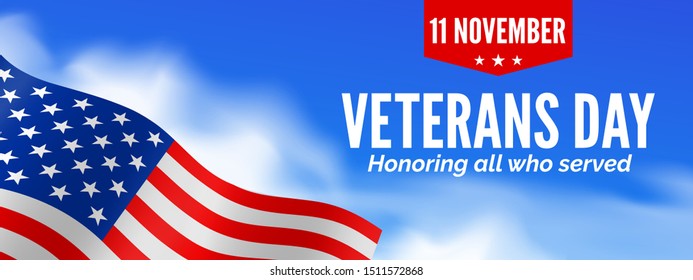 USA Veterans day 11 November banner with waving flag on sky background