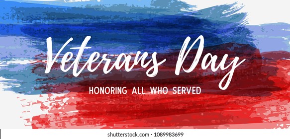 USA Veterans day background. Abstract grunge brushed lines in flag colors with text. Template for horizontal banner.