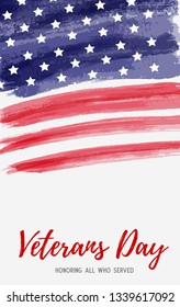 USA Veterans day background. Abstract grunge brushed flag with text. Template for vertical banner.