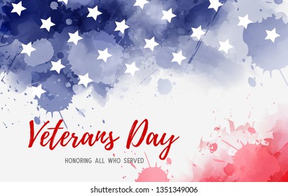 USA Veterans day background. Abstract grunge watercolor paint splashes in flag colors with text. Template for holiday banner, invitation, flyer, etc.