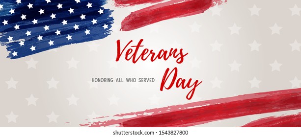 USA Veterans day background. Abstract grunge brushed flag with text. Template for United states of America national holiday. Horizontal banner.