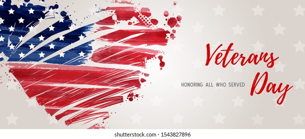 USA Veterans day background. Abstract grunge brushed flag in heart shape. Template for United states of America national holiday. Horizontal banner.