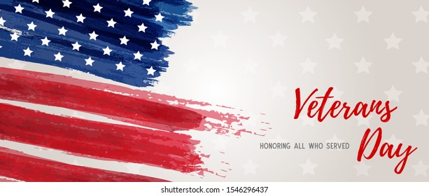 USA Veterans day background. Abstract grunge brushed flag with text. Template for United states of America national holiday. Horizontal banner.