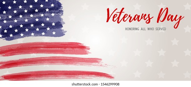 USA Veterans day background. Abstract grunge brushed flag with text. Template for United states of America national holiday. Horizontal banner.