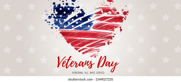 USA Veterans day background. Abstract grunge brushed flag in heart shape. Template for United states of America national holiday. Horizontal banner.