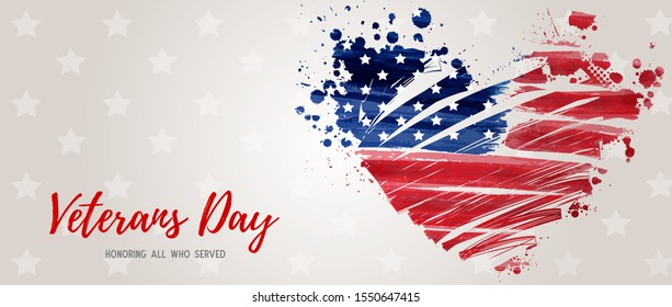 USA Veterans day background. Abstract grunge brushed flag in heart shape. Template for United states of America national holiday. Horizontal banner.