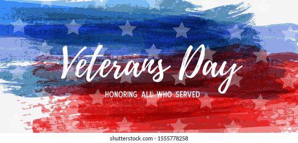 USA Veterans day background. Abstract grunge brushed lines in flag colors with text. Template for horizontal banner.