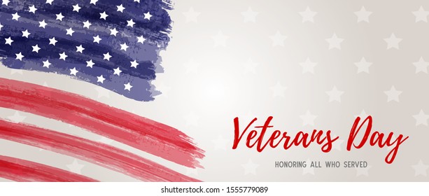 USA Veterans day background. Abstract grunge brushed flag with text. Template for United states of America national holiday. Horizontal banner.