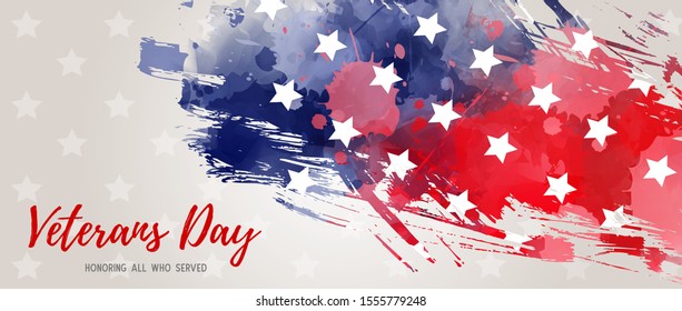 USA Veterans day background. Abstract grunge brushed flag with text. Template for United states of America national holiday. Horizontal banner.