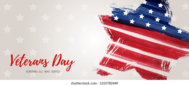 USA Veterans day background. Abstract grunge brushed flag in star shape. Template for United states of America national holiday. Horizontal banner.