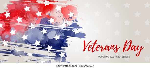 USA Veterans day background. Abstract grunge brushed flag with text. Template for United states of America national holiday. Horizontal banner.