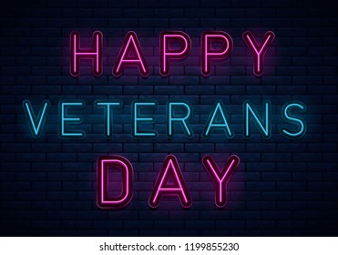 USA Veterans day background neon, greeting card in neon style, design template, light banner,nightlife signboard, design element.