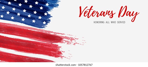 USA Veterans day background. Vector abstract grunge brushed flag with text. Template for horizontal banner.