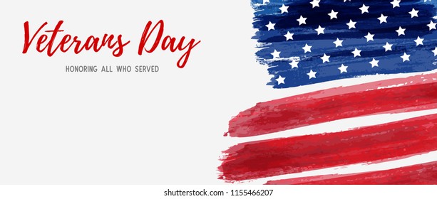 USA Veterans day background. Vector abstract grunge brushed flag with text. Template for horizontal banner.