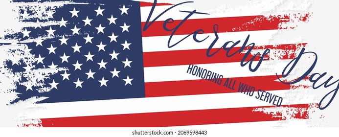 USA Veterans day background. Vector abstract grunge brushed flag with text. Template for horizontal banner.