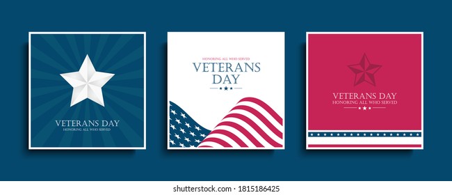 USA Veterans Day celebrate cards set with silver star and United States national flag. Honoring all who served. American national holiday vector illustration.